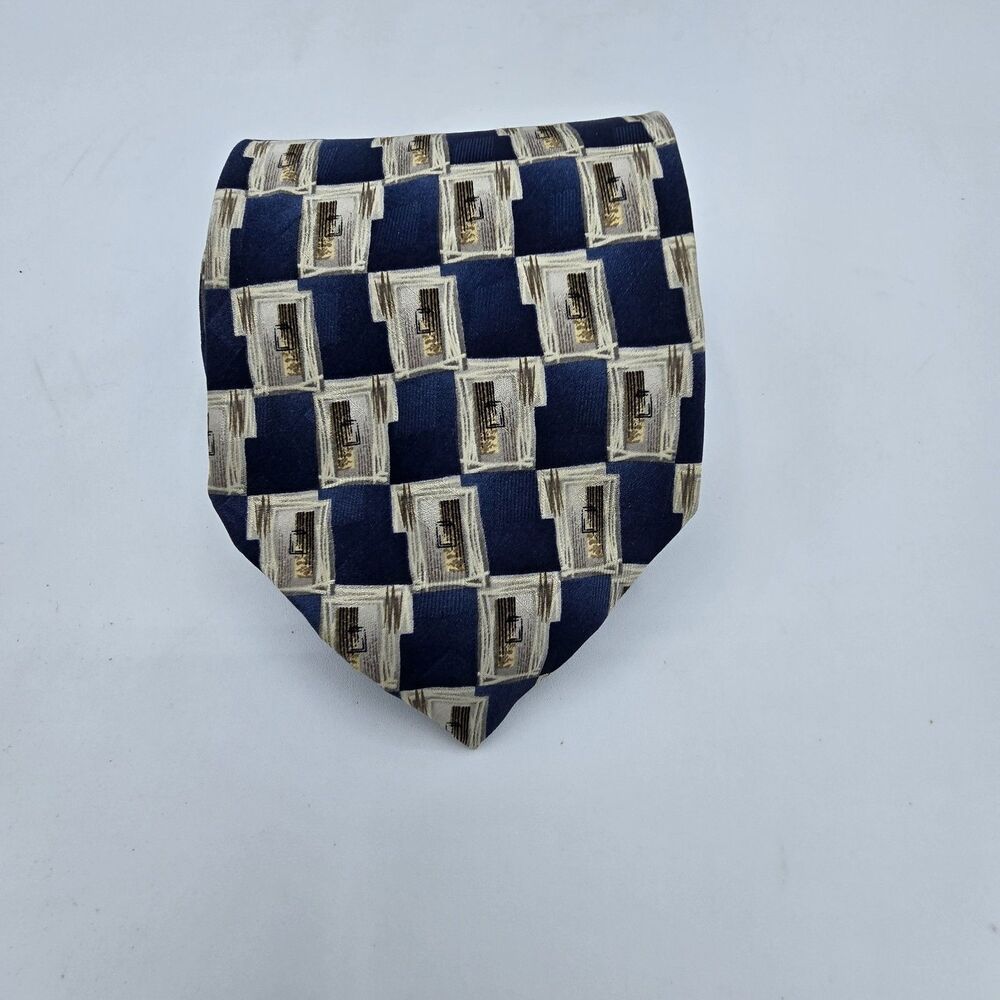 Stafford Mens Necktie 100% Silk Blue Tan Geometric Business Tie 57 x 4 Vintage